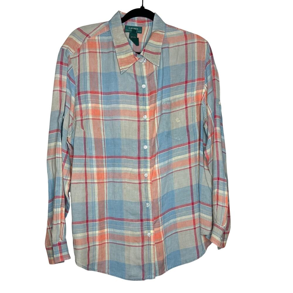 Lauren Ralph Lauren Check Plaid Long Sleeve Button Down Shirt 100% Linen Size 2X